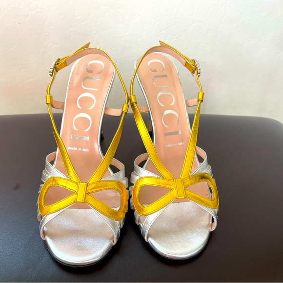 Gucci Shoes - Gucci Nappa Zephyra Bow Gold and Silver Heels size 7